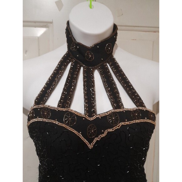 Vintage Linsiano Beaded Dress with Gold Detail Choker, Black, Sz L - Picture 3 of 8